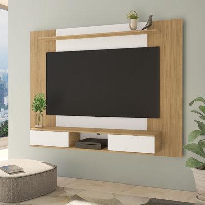 Ebern Designs Melisandra Multi Storage Wall for 70 inch TVs, Floating TV Stand w/ 2 Sliding Doors & Shelves Wood in Brown | Wayfair