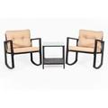 3 Pieces Rocking Chair Set W/Glass Table Black Outdoor Patio Furniture Wicker Rattan Modern Conversation Chat Seating