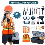 45pcs Kids Tool Set with Kids Tool Belt Toddler Tool Set with Electric Toy Drill Construction Tool Set for Kids Halloween Pretend Play Tools Toy Tools for Kids Ages 3-8 Years Old