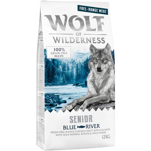 12 kg Wolf of Wilderness SENIOR Blue River - Freilandhuhn & Lachs Hundefutter trocken