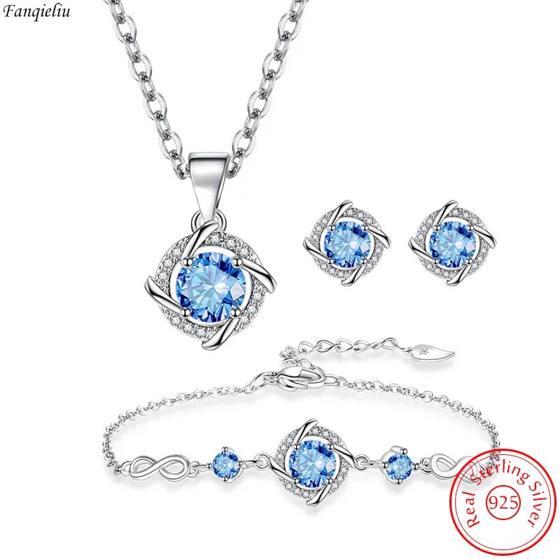 Orecchini in argento sterling 925 con trifoglio di cristallo, bracciali, collane, set di gioielli per le donne, alla moda, nuovo FQL23001