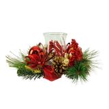 16" Red Ornament and Berry Gold Glittered Christmas Hurricane Pillar Candle Holder