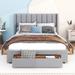 Queen Size Wood Storage Bed w/ 1 Large Drawer in the Footboard Upholstered Platform Bed & Drawer on Each Side, Space-Saving