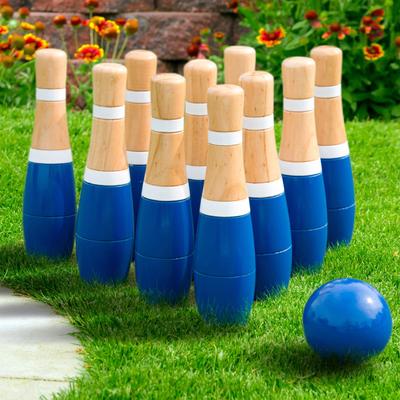 Indoor/Outdoor Backyard Lawn Bowling Game with10 Wooden Pins, 2 Balls, and Mesh Carrying Bag (8-Inch)