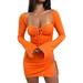 Women s Spring Solid Color Long Sleeve Square Neck Tie Up Dress