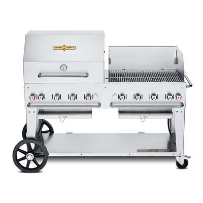 Crown Verity CV-MCB-60RWP-NG 58" Mobile Gas Commercial Outdoor Charbroiler w/ Roll Dome & Wind Guard, Natural Gas, Stainless Steel, Gas Type: NG