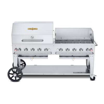 Crown Verity CV-MCB-72-SI50/100-RWP 70" Mobile Gas Commercial Outdoor Charbroiler w/ Roll Dome & Wind Guard, Liquid Propane, Stainless Steel, LP Gas, Gas Type: LP