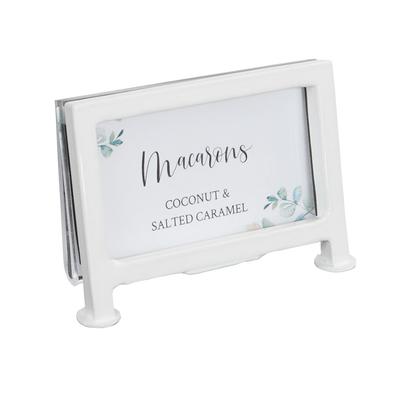 Cal-Mil 1262-15 Tabletop Menu Card Holder - 3 1/2" x 2", Acrylic/White Iron Frame, Clear Acrylic w/ Iron Frame