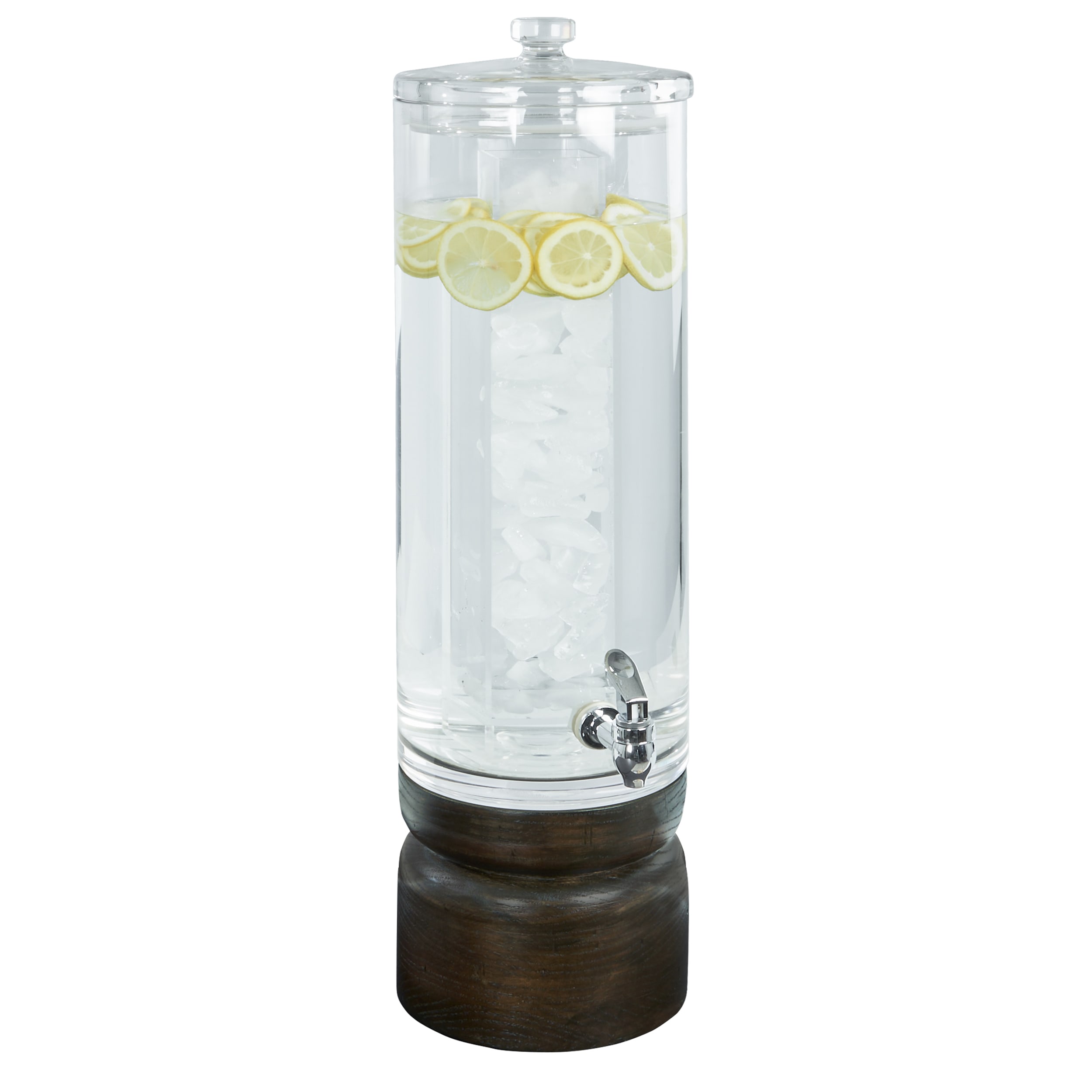Cal-Mil 22441-3-112 10" Round Beverage Dispenser - 29"H, Clear Plastic Container/Vintage Dark Stained Oak Base