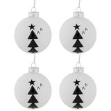 4ct White Glass Ball Ornaments with Black Christmas Trees 3"