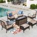 Summit Living 7-Seat Patio Conversation Set with 3-Seat Sofa Two Club Chairs Two Ottomans & 50000 BTU Fire Pit Table Black Steel Frame & Beige Cushions