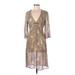 J.Jill Casual Dress Plunge 3/4 sleeves: Tan Paisley Dresses - Women's Size 6 Petite - Print Wash