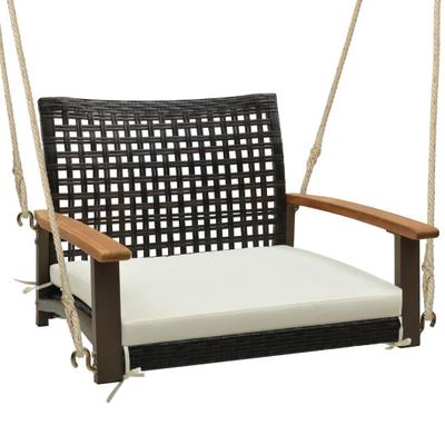 Costway Single Rattan Porch Swing with Armrests Cushion and Hanging Ropes-White