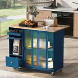 Rolling Mobile Kitchen Island with Drop Leaf & LED Light, Kitchen Cart w/ 2 Fluted Glass Doors & 2 Drawers, Kitchen Island Cart