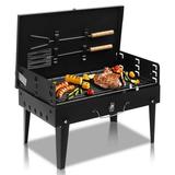 IVV Portable Charcoal Grill Square Outdoor Grill Black Barbecue Grill with Tools Set Compact BBQ Grill for Camping Picnic Backyard Patio