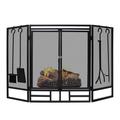 48.5 x 31 Iron Three-Panel Folding Fireplace Screen with 4 Pieces Fireplace Tools Set Black