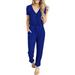 Riforla Womens Summer Casual Deep V Neck Short Sleeve Wrap Drawstring Waist Jumpsuit Romper Women s Jumpsuit Blue S