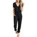 Riforla Womens Summer Casual Deep V Neck Short Sleeve Wrap Drawstring Waist Jumpsuit Romper Women s Jumpsuit Black S