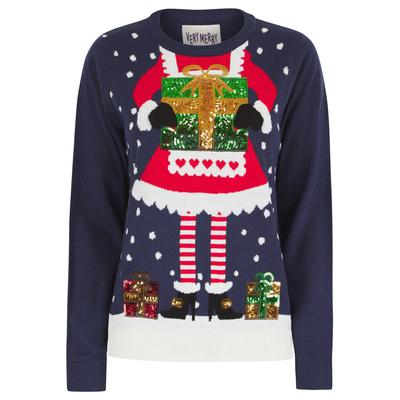 Jumpers Women’s Mrs Kringle Motif Novelty Sequinned Christmas Jumper in Eclipse Navy - Merry Christmas / 12/M - Tokyo Laundry