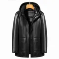 YN-2268 Winter Middle Aged High Grade Men's Hooded Natural Leather Down Jacket Medium Long