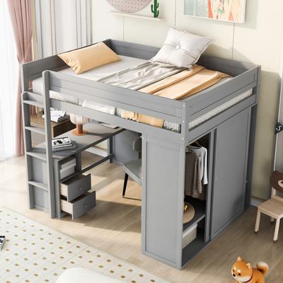 Full Size Pine Loft Bed w/ Wardrobes, Drawer, Desk...