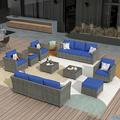 HOOOWOOO Patio Furniture Sets Outdoor Conversation Set 13 Pieces All Weather Wicker Sofa Sectional with Swivel Rocking Chair and Coffee Table Blue