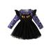 Bmnmsl Girl Halloween Dress Long Sleeve Crew Neck Bat Print Tulle Dress A-line Dress Halloween Costume
