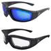Alpha Omega 1 Motorcycle Sunglasses Foam Padded Riding Safety Glasses Z87.1 for Men or Women 2 Pair Black Frame w/ Blue Mirror & Clear Lenses
