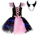 AXTMR Halloween Children'S Led Light Dress, Light-Up Girl Princess Dress With Devil Horn Headband,We Do Not Carry Button Batteries,Pink1,10T