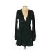 Re Plunge Long sleeves:named Casual Dress - Mini Plunge Long sleeves: Green Solid Dresses - Women's Size Large