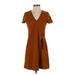 TeXTURE & THREAD Madewell Casual Dress - Mini V-Neck Short sleeves: Brown Solid Dresses - Women's Size 2X-Small