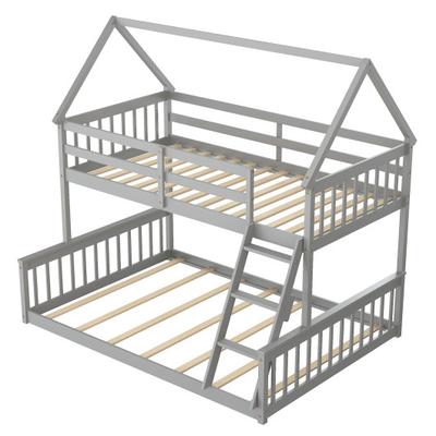 Costway Twin Over Full House Bunk Bed with Ladder and Guardrails-Gray