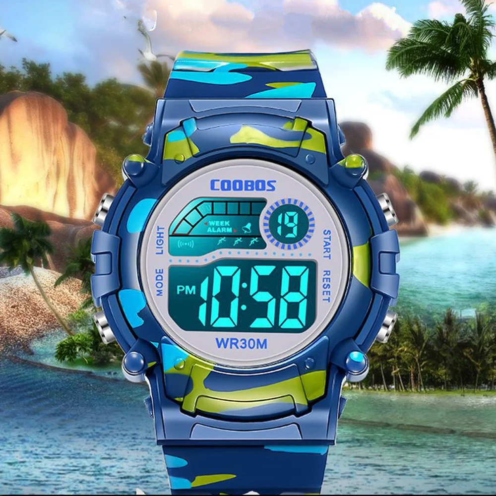 COOBOS Kinderuhr Camouflage Sport Elektronische Digitaluhr Wasserdichte Multifunktions-LED-Uhr für Jungen Mädchen Kinderuhr