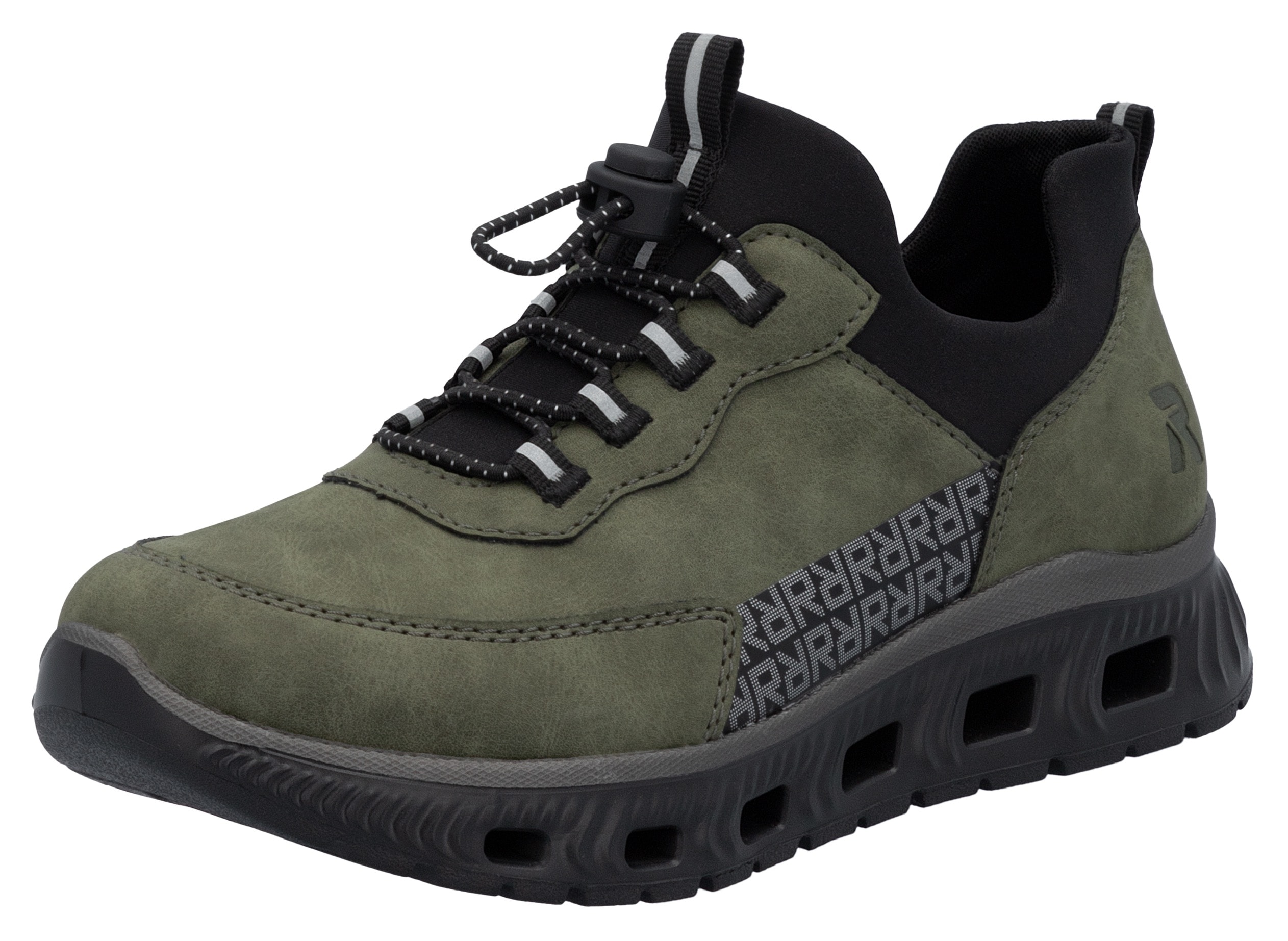 Slip-On Sneaker RIEKER SPORT, Damen, Gr. 36, grün (grün, schwarz), Lederimitat, Textil, Schuhe Sneaker, zum Schlupfen