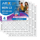 20x20x1 Air Filter MERV 13 Comparable to MPR 1500 - 2200 & FPR 9 Electrostatic Pleated Air Conditioner Filter 4 Pack HVAC AC Premium USA Made 20x20x1 Furnace Filters by AIRX FILTERS WICKED CLEAN AIR.