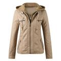 iOPQO Winter Coats for Women Women s Belt Collar Leather Slim Suit Stand Coat Leather Jacket Crop Tops Womens Fall Fashion 2023 Khaki S