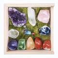 Crystals and Healing Stones | EARTHLY HEALER | 11 pc. Chakra Stones Premium Set in Wooden Box with Moss Cushion | Amethyst Rose Quartz Clear Quartz Pendulum Seven Polished Chakra Stones