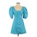 Open Edit Casual Dress - Mini Square 3/4 sleeves: Teal Print Dresses - Women's Size X-Small