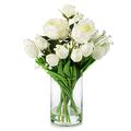 ENOVA FLORAL Mixed Rose Artificial Flowers and Tulips Flowers Real Touch in Glass Vase, Artificial Flowers in Vase with Faux Water for Dining Table Centerpieces, Wedding Event (White)