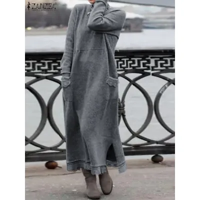 ZANZEA Winter Autumn Sweatshirt Dress Women Lace Crochet Pullover Vestidos Solid O Neck Long Sleeve Fleece Sundress Robe Hoodies