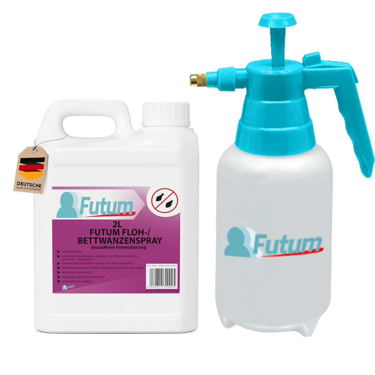 FUTUM 2L Bettwanzenspray / Flohspray bekämpft Insekten, Eier, Larven ohne Biozide auf Wasserbasis, Sofortwirkung ohne Flecken + 2L Sprüher Image