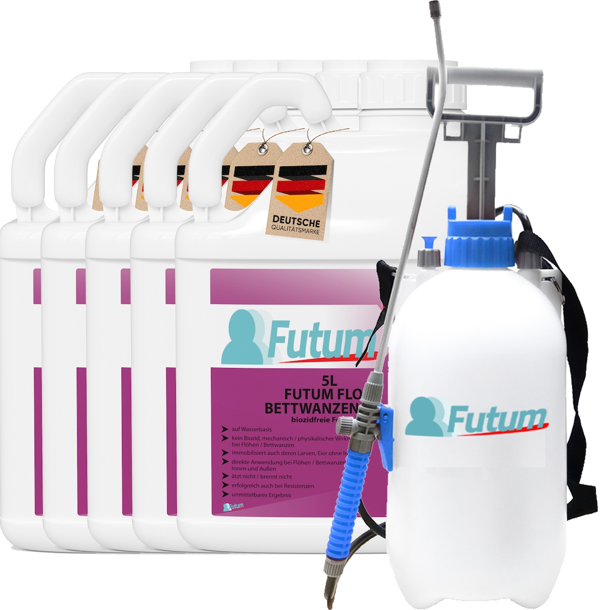 FUTUM 5x5L Bettwanzenspray / Flohspray bekämpft Insekten, Eier, Larven ohne Biozide auf Wasserbasis, Sofortwirkung ohne Flecken + 5L Sprüher Image