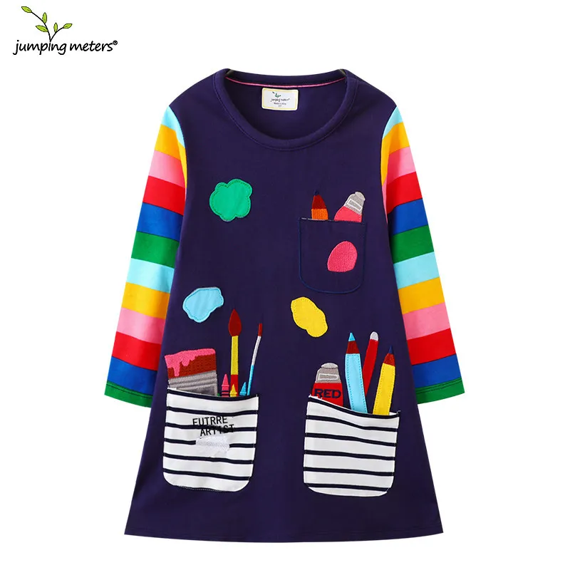 Springen Meter 2-7T Heißer Verkauf kinder Schule Kleider Mit Taschen Stift Stickerei Langarm Herbst Kinder adrette Kleid Image