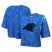 Women's Majestic Threads Blue Carolina Panthers Bleach Splatter Notch Neck Crop T-Shirt