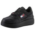 Plateausneaker TOMMY JEANS "TJW RETRO BASKET FLATFORM ESS", Damen, Gr. 39, schwarz, Leder, Textil, Lederimitat, sportlich, Schuhe, mit Logoschriftzug in der Sohle, Freizeitschuh, Halbschuh, Schnürschuh