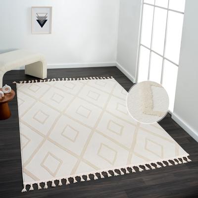 Teppich MY HOME "Otilie" Gr. 1, beige (cream), B:60cm H:11mm L:90cm, Kunstfaser, Teppiche, dichte Qualität, Woll-Look, Boho, mit Fransen und Rauten, Scandi Image