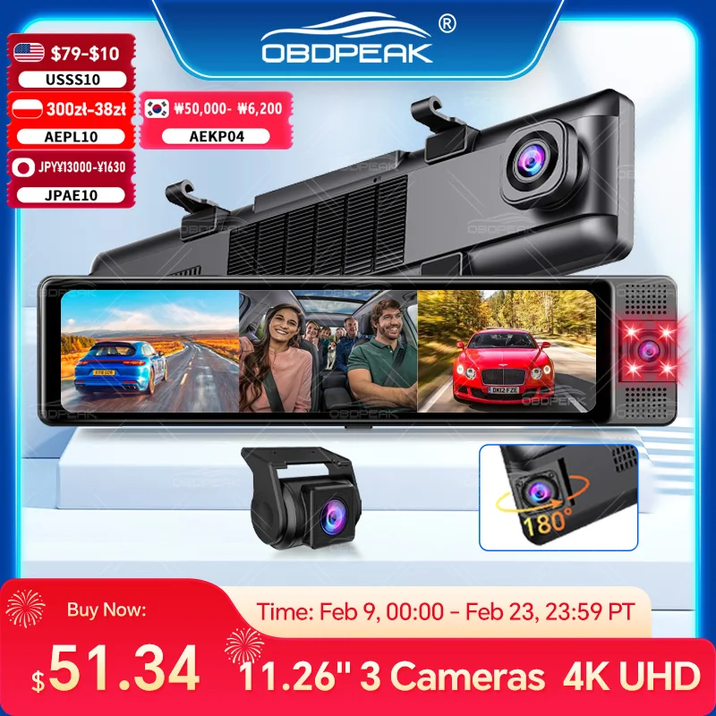 OBDPEAK Caméra embarquée 3 caméras 4K DVR Voiture Avant Intérieur Arrière 1080P Suivi GPS Vision Nocturne Enregistreur Vidéo Moniteur de Stationnement