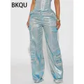 BKQU American Straight tasche Jeans a vita alta donna pantaloni Cargo 2023 moda argento lucido