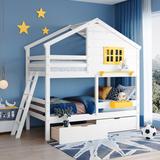 Twin over Twin White Bunk Bed with 2 Drawers, 1 Storage Box, 1 Shelf, Window and Roof