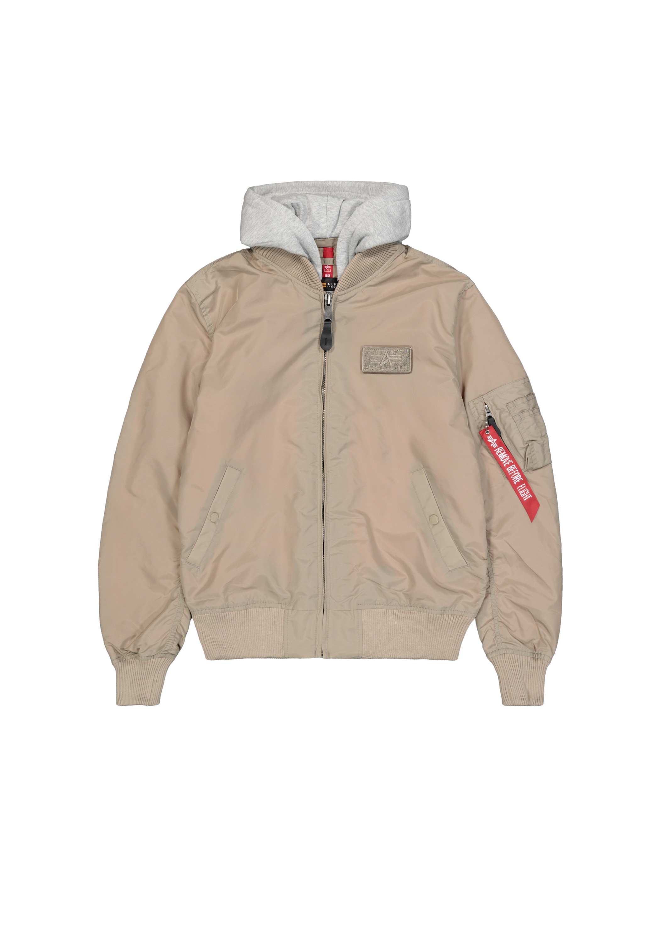 Bomberjacke ALPHA INDUSTRIES "MA-1 TT Hood Light", Herren, Gr. L, beige (vintage sand), Obermaterial: 100% Nylon, Futter: 100% Nylon, Kapuze: 75% Baumwolle, 25% Polyester, Jacken Bomberjacke